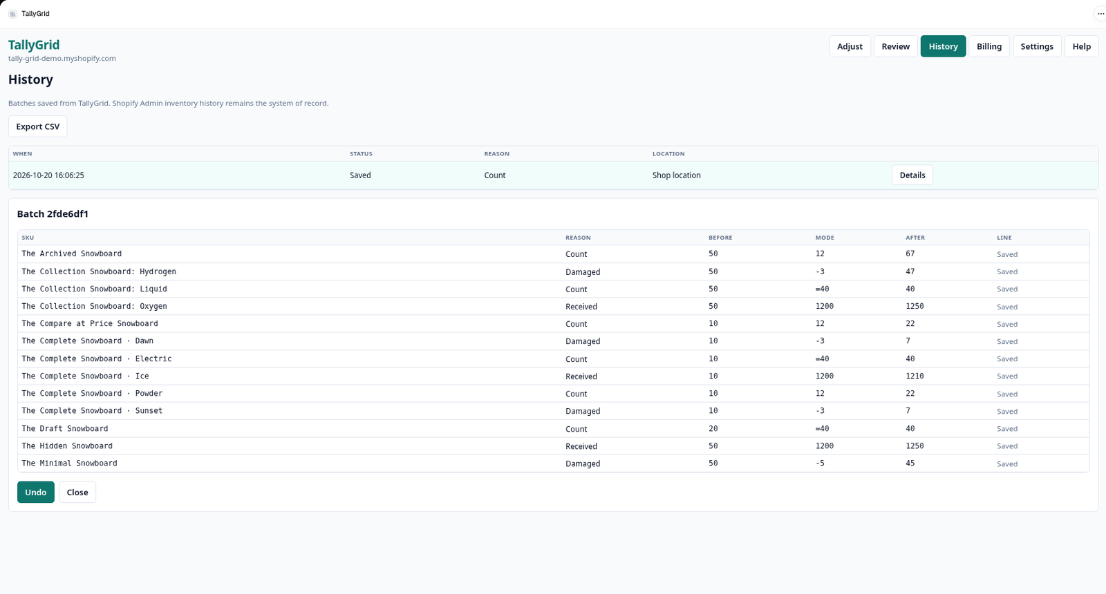 History page in TallyGrid. A saved batch is open, with line details and an Export CSV button.