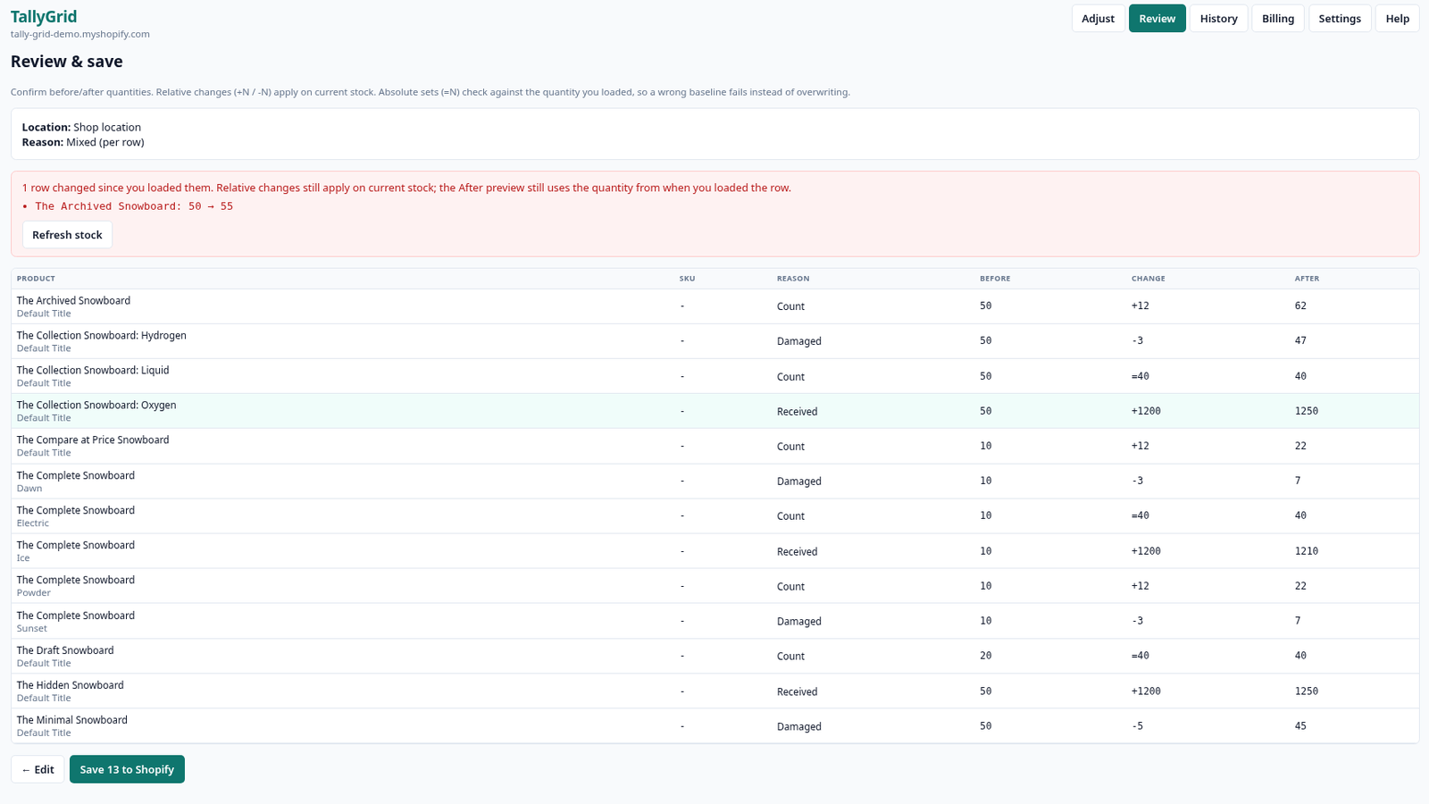 Review page before saving. It lists before and after quantities and notes that a row changed since it was loaded.