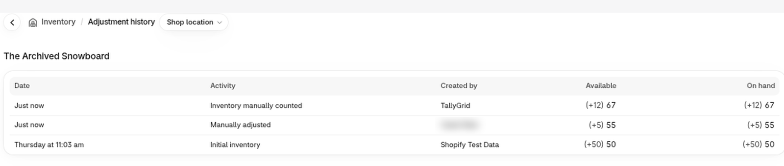 Shopify adjustment history for The Archived Snowboard. One row is an inventory count from TallyGrid for +12.